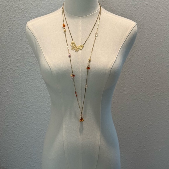 Soo Y2K Gold-tone Butterly / Beads Layered Necklace, Plunge - Picture 2 of 5